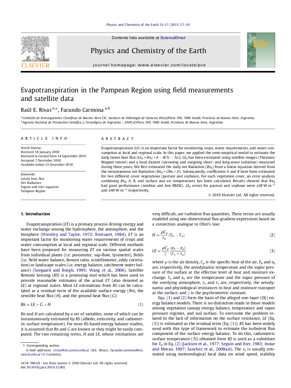 Evapotranspiration in the Pampean Region using field measurements and satellite data