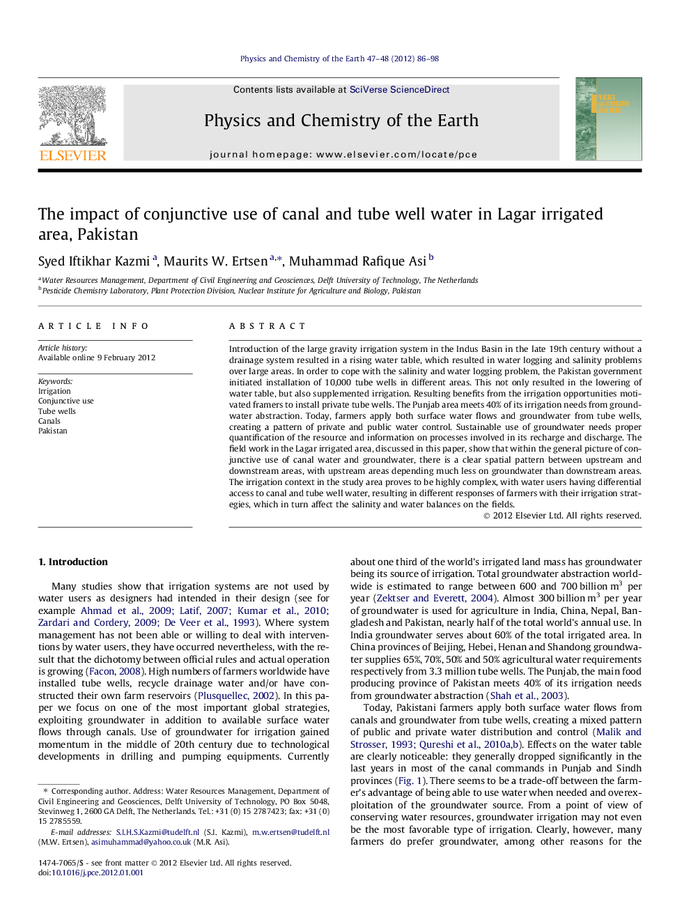 The impact of conjunctive use of canal and tube well water in Lagar irrigated area, Pakistan