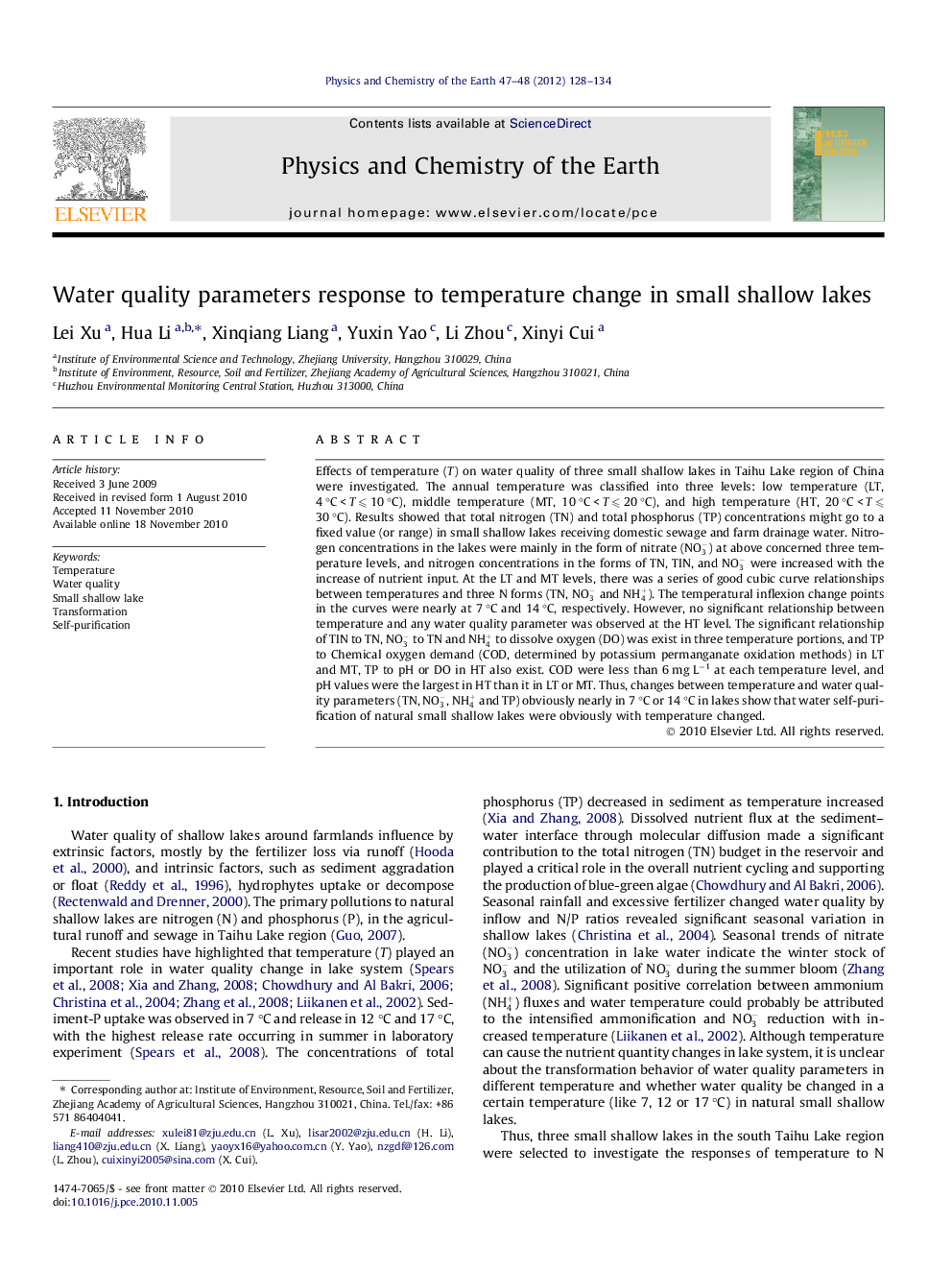 Water quality parameters response to temperature change in small shallow lakes