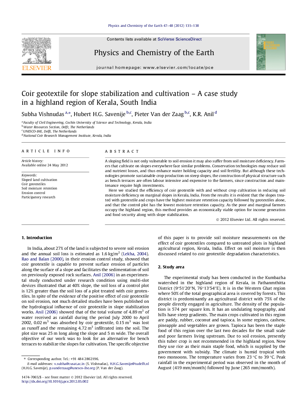 Coir geotextile for slope stabilization and cultivation – A case study in a highland region of Kerala, South India