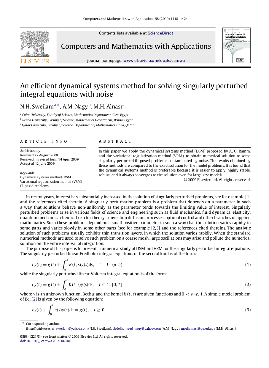 An efficient dynamical systems method for solving singularly perturbed integral equations with noise