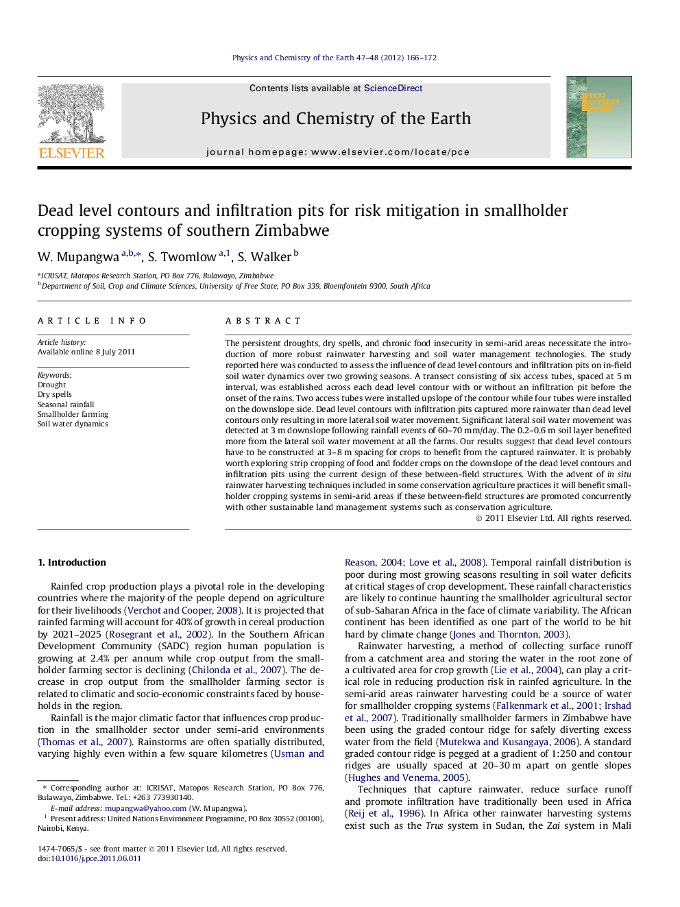 عکس صفحه اول مقاله: Dead level contours and infiltration pits for risk mitigation in smallholder cropping systems of southern Zimbabwe Dead level contours and infiltration pits for risk mitigation in smallholder cropping systems of southern Zimbabwe