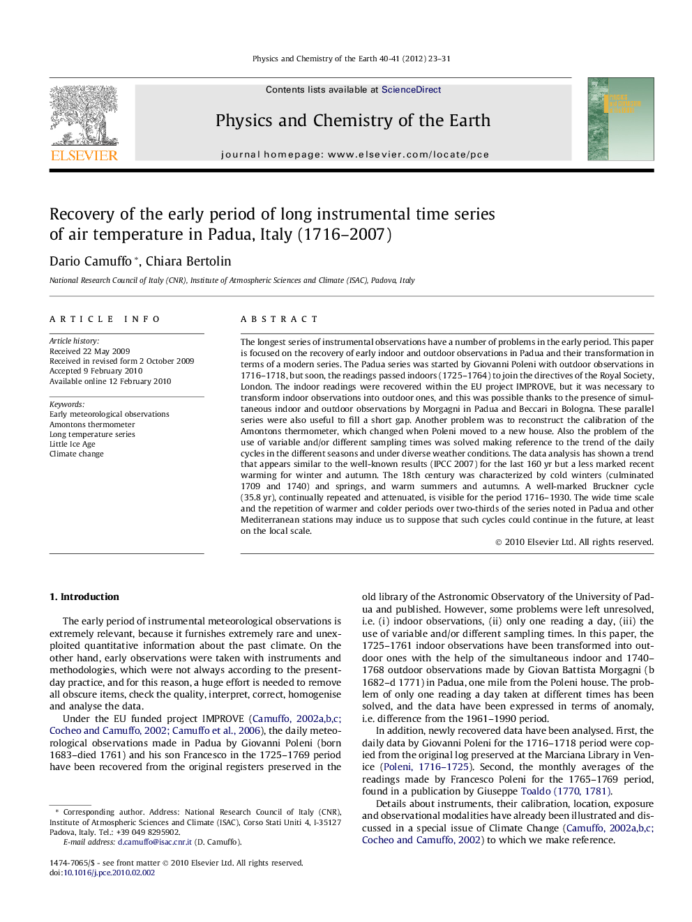 Recovery of the early period of long instrumental time series of air temperature in Padua, Italy (1716–2007)