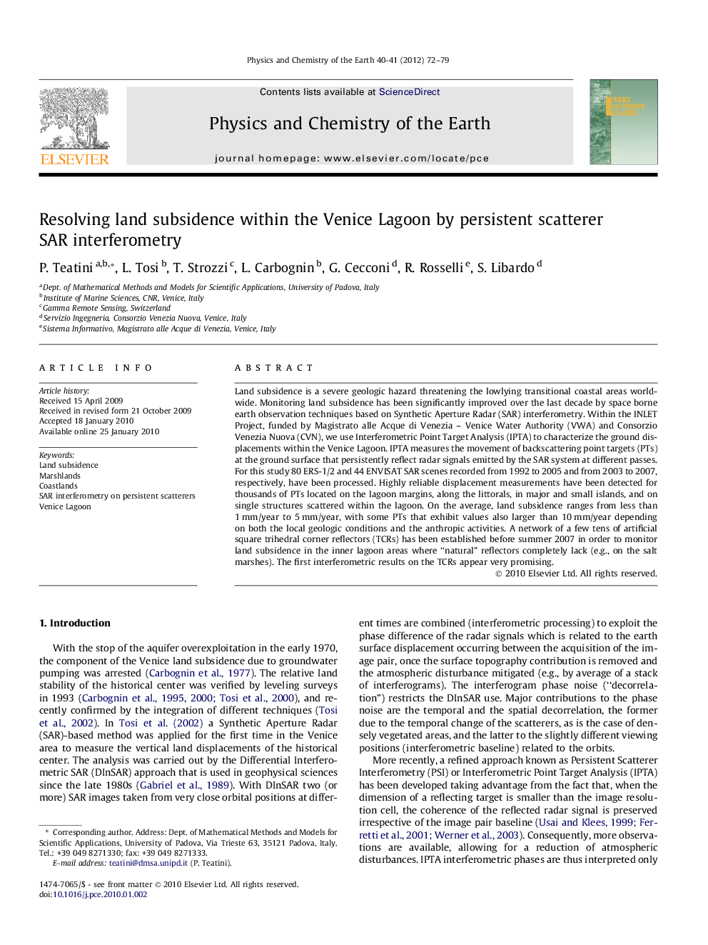 Resolving land subsidence within the Venice Lagoon by persistent scatterer SAR interferometry