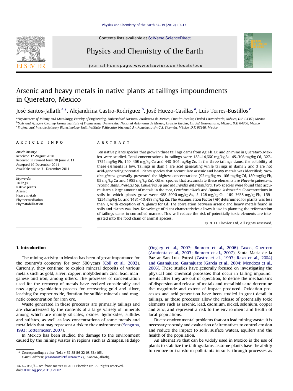 Arsenic and heavy metals in native plants at tailings impoundments in Queretaro, Mexico