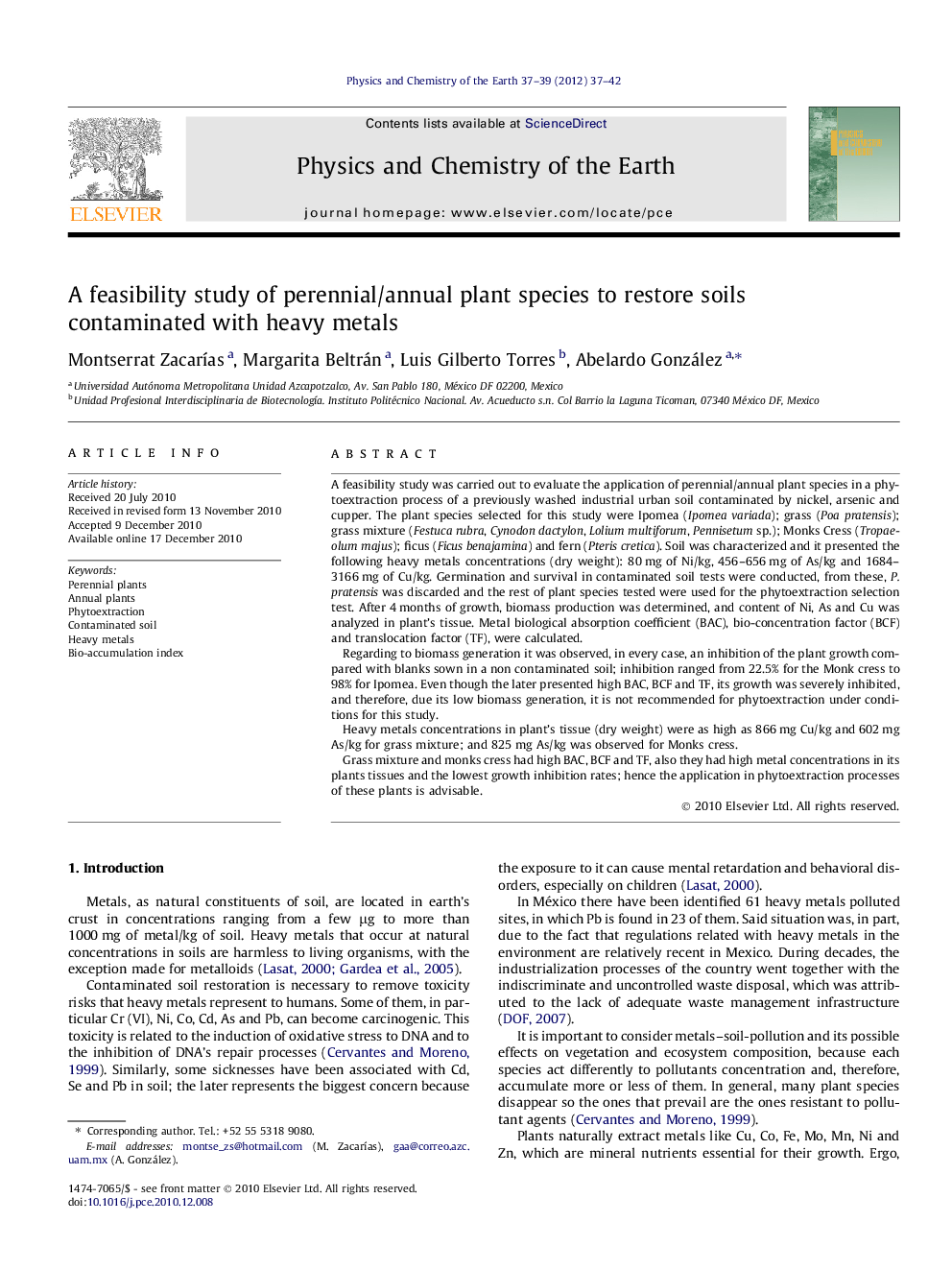 A feasibility study of perennial/annual plant species to restore soils contaminated with heavy metals