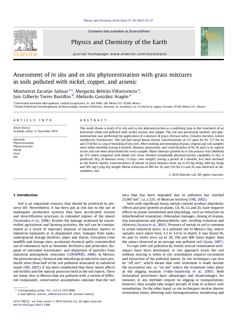 Assessment of in situ and ex situ phytorestoration with grass mixtures in soils polluted with nickel, copper, and arsenic