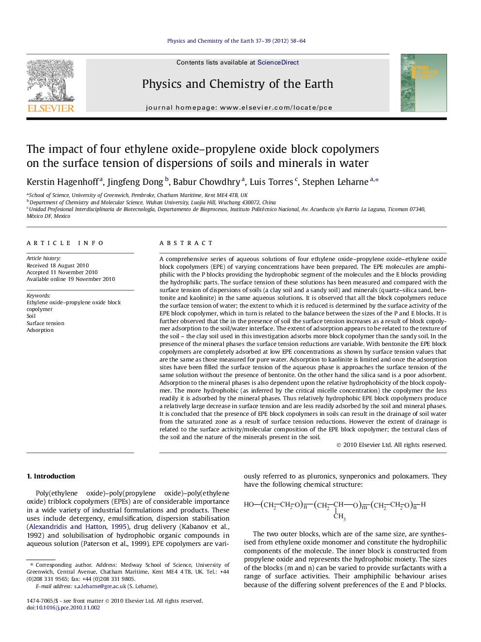 The impact of four ethylene oxide–propylene oxide block copolymers on the surface tension of dispersions of soils and minerals in water