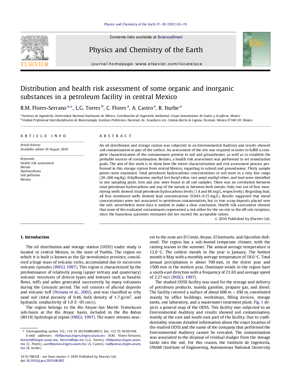 Distribution and health risk assessment of some organic and inorganic substances in a petroleum facility in central Mexico