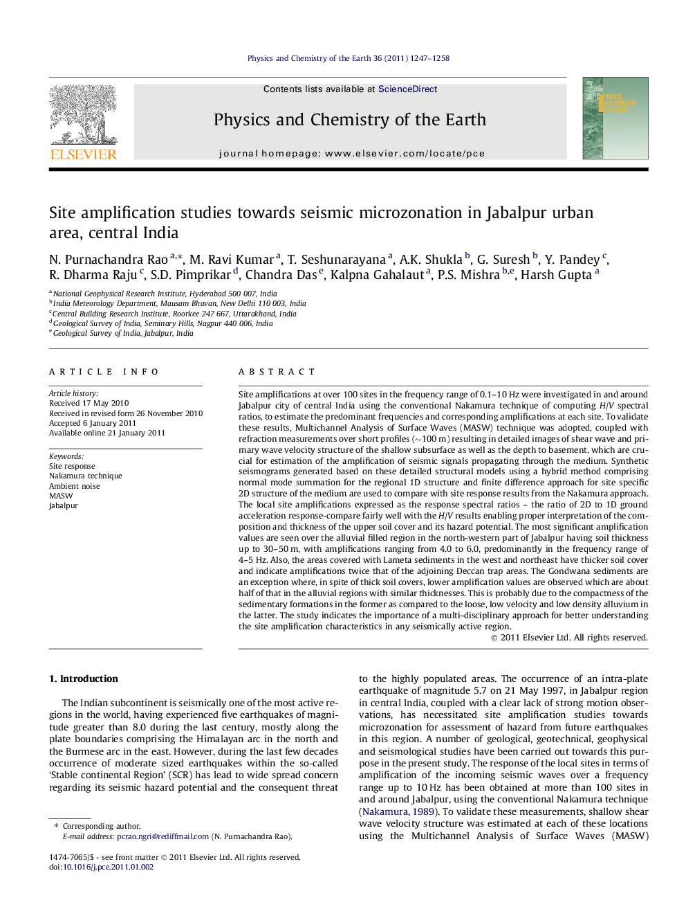 Site amplification studies towards seismic microzonation in Jabalpur urban area, central India