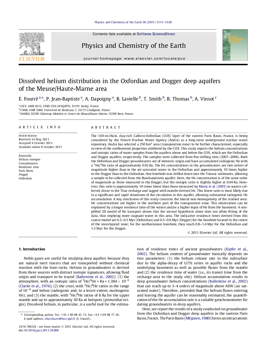 Dissolved helium distribution in the Oxfordian and Dogger deep aquifers of the Meuse/Haute-Marne area