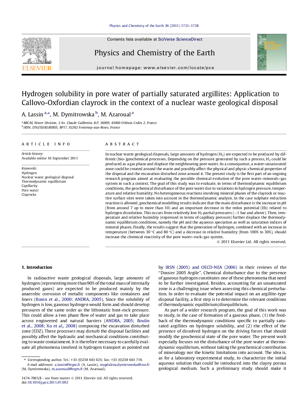 Hydrogen solubility in pore water of partially saturated argillites: Application to Callovo-Oxfordian clayrock in the context of a nuclear waste geological disposal