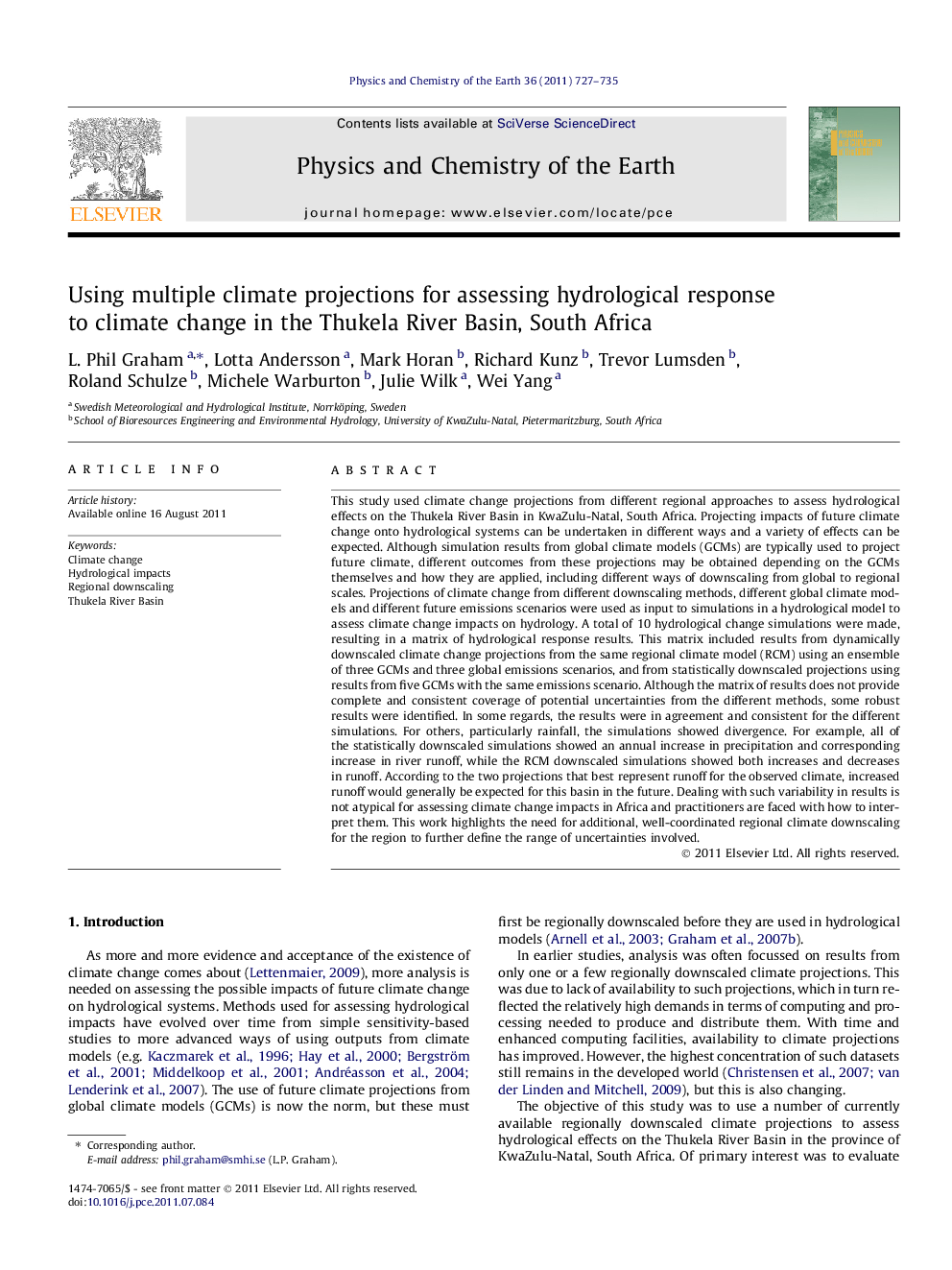 Using multiple climate projections for assessing hydrological response to climate change in the Thukela River Basin, South Africa