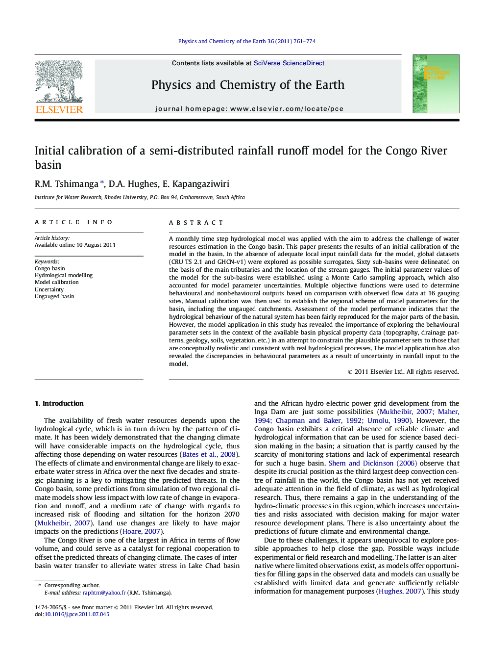 Initial calibration of a semi-distributed rainfall runoff model for the Congo River basin