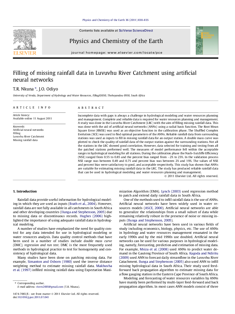 Filling of missing rainfall data in Luvuvhu River Catchment using artificial neural networks