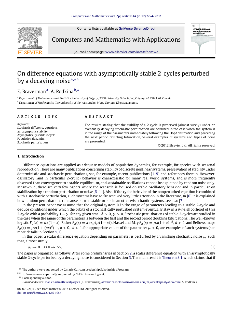 On difference equations with asymptotically stable 2-cycles perturbed by a decaying noise 