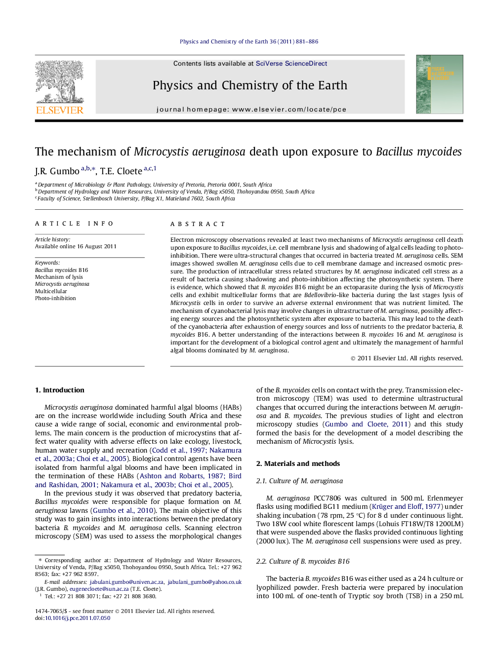 The mechanism of Microcystis aeruginosa death upon exposure to Bacillus mycoides