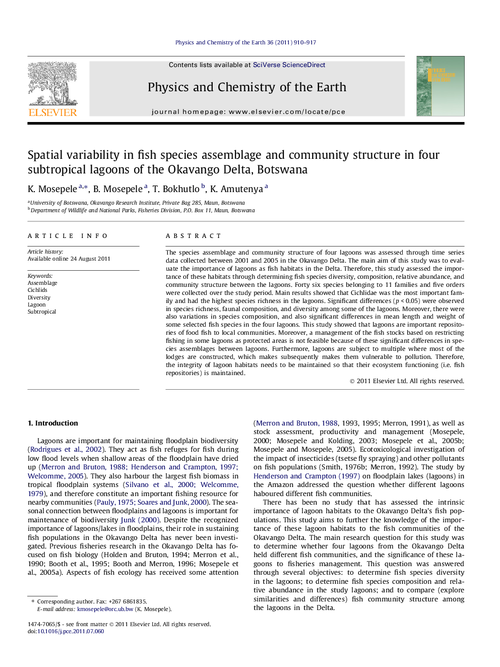 Spatial variability in fish species assemblage and community structure in four subtropical lagoons of the Okavango Delta, Botswana