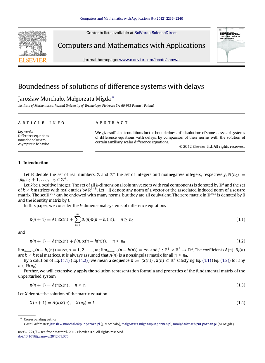 Boundedness of solutions of difference systems with delays