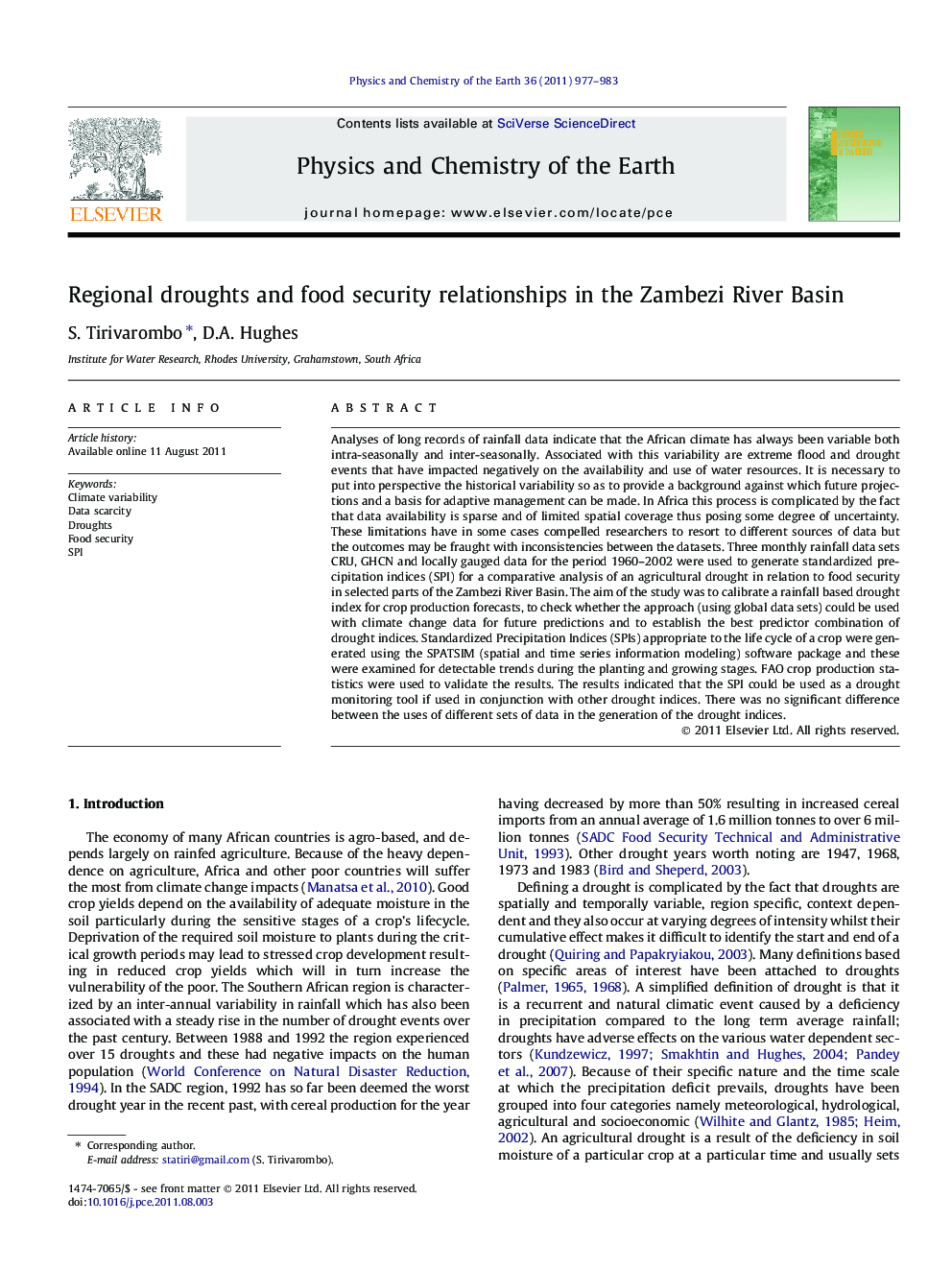 Regional droughts and food security relationships in the Zambezi River Basin