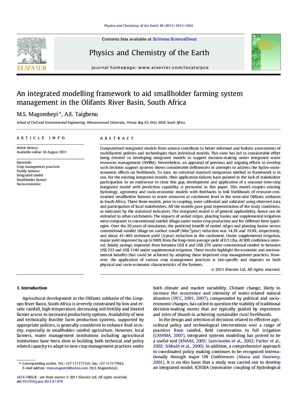 An integrated modelling framework to aid smallholder farming system management in the Olifants River Basin, South Africa