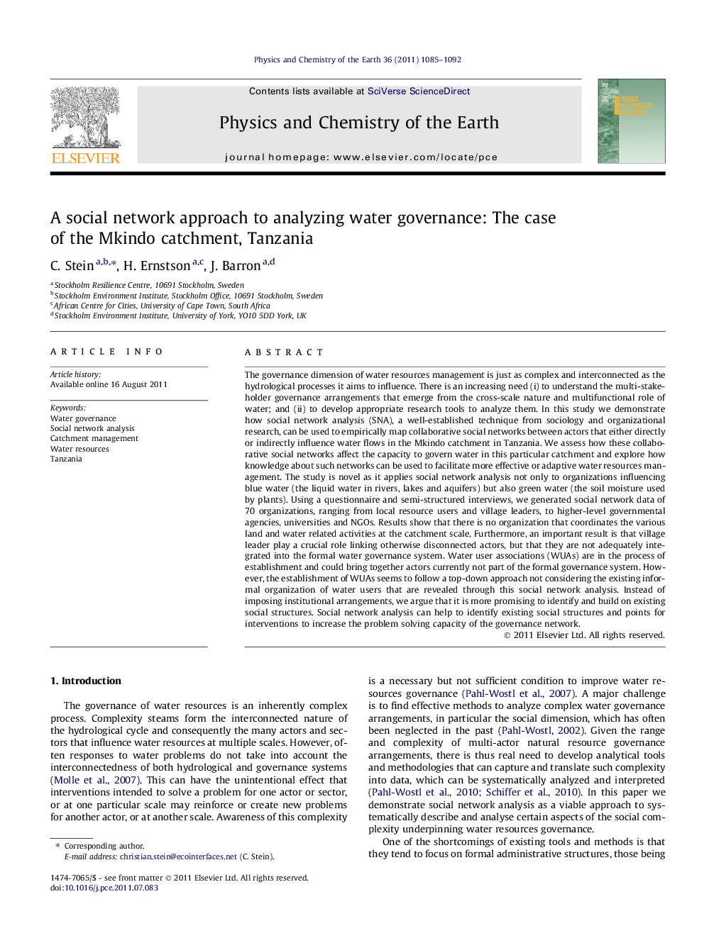 A social network approach to analyzing water governance: The case of the Mkindo catchment, Tanzania