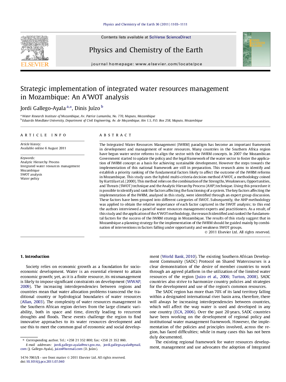 Strategic implementation of integrated water resources management in Mozambique: An A’WOT analysis