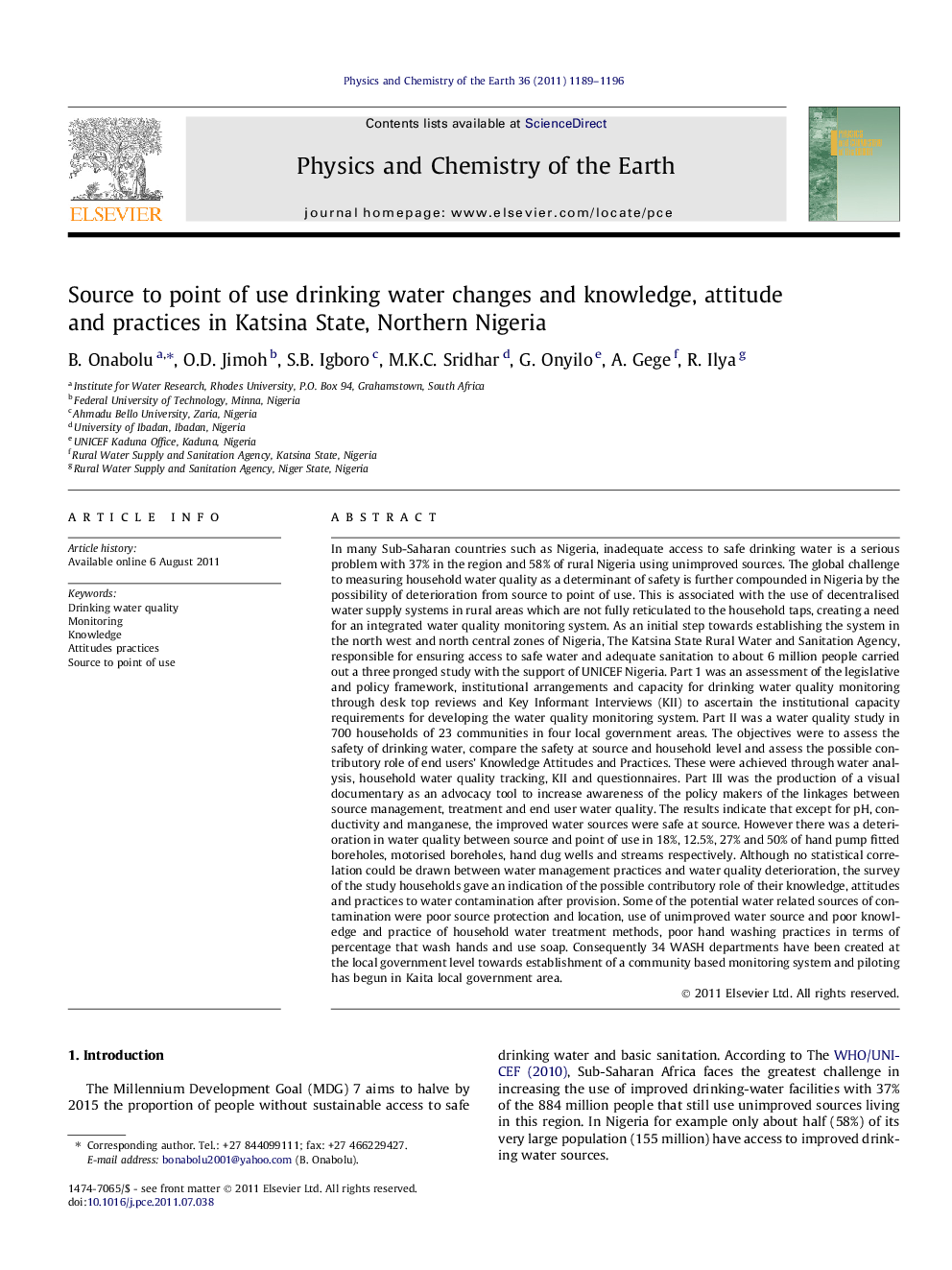 Source to point of use drinking water changes and knowledge, attitude and practices in Katsina State, Northern Nigeria