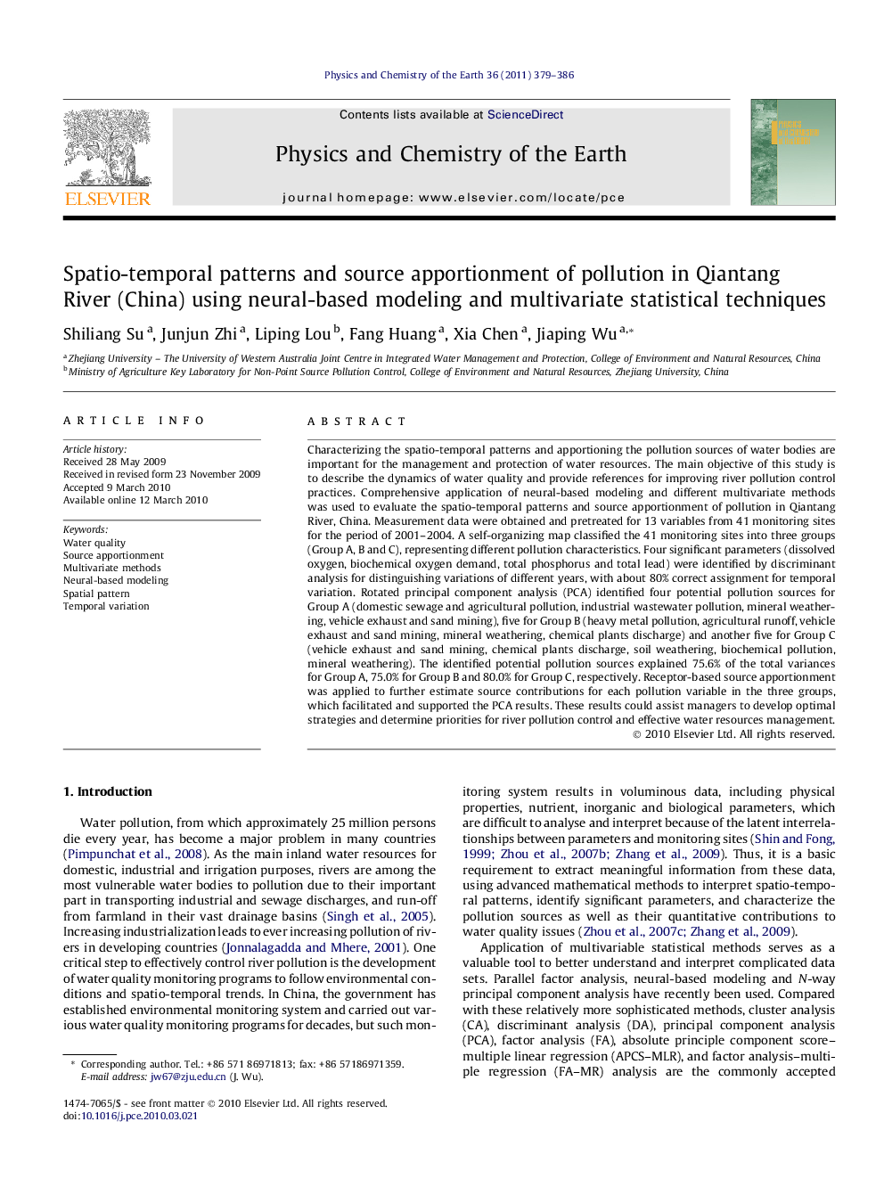 Spatio-temporal patterns and source apportionment of pollution in Qiantang River (China) using neural-based modeling and multivariate statistical techniques