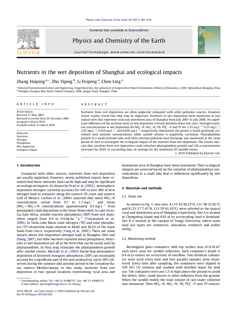 Nutrients in the wet deposition of Shanghai and ecological impacts