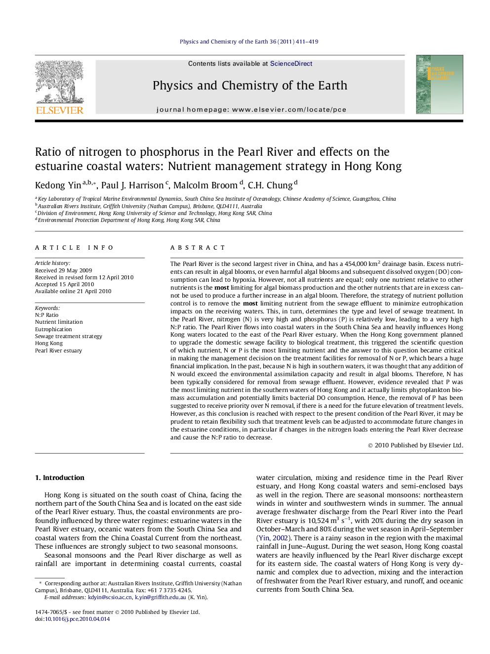 Ratio of nitrogen to phosphorus in the Pearl River and effects on the estuarine coastal waters: Nutrient management strategy in Hong Kong