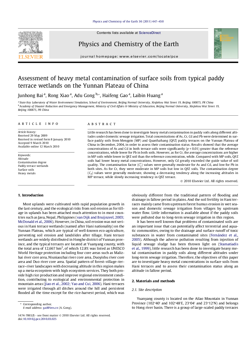 Assessment of heavy metal contamination of surface soils from typical paddy terrace wetlands on the Yunnan Plateau of China