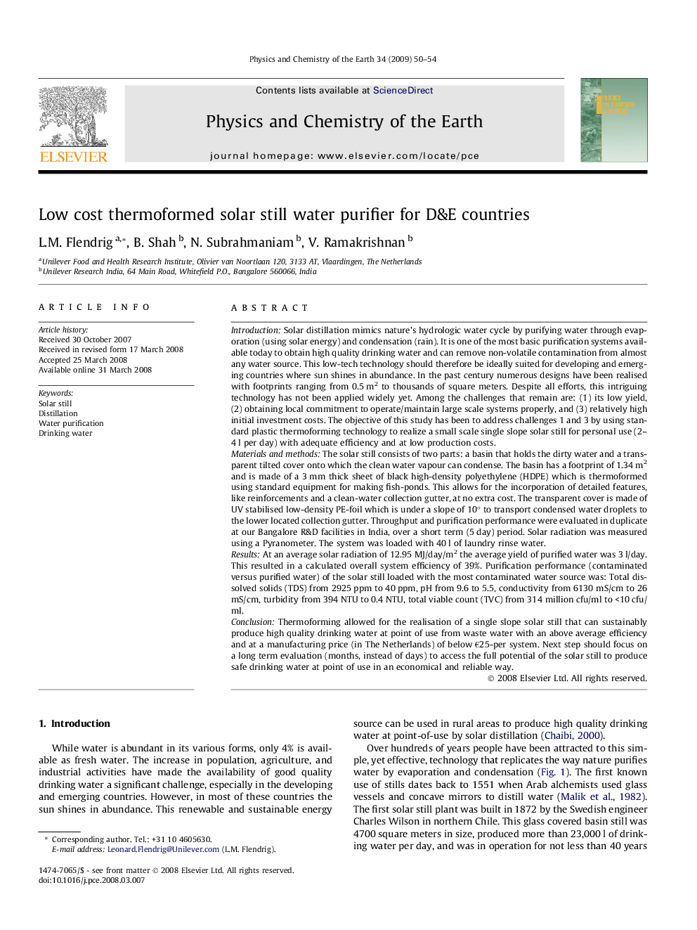 Low cost thermoformed solar still water purifier for D&E countries