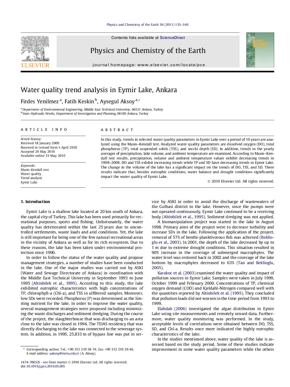 Water quality trend analysis in Eymir Lake, Ankara