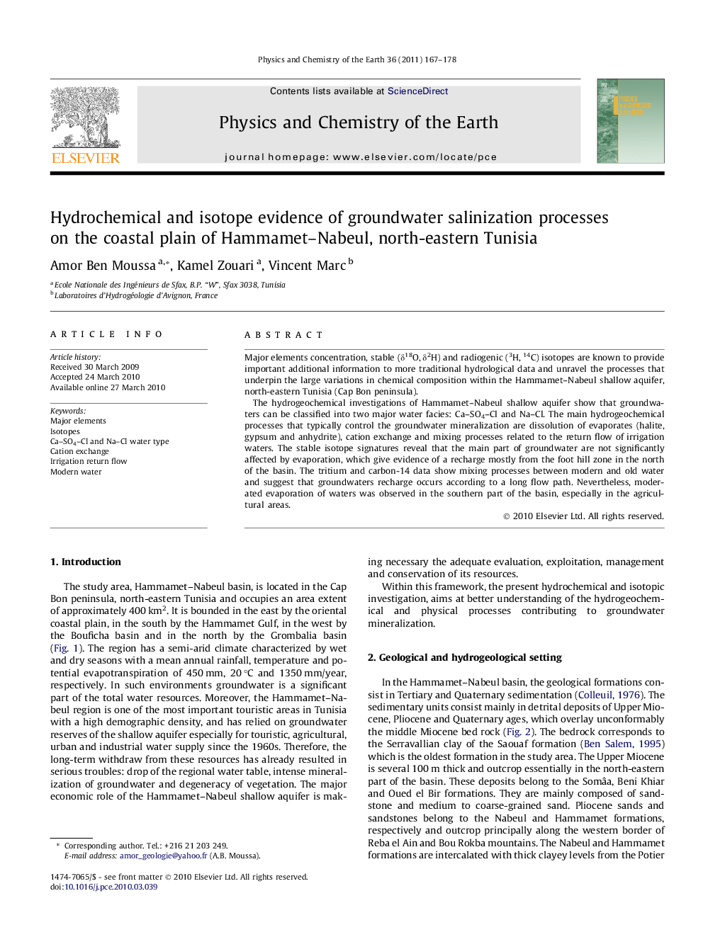 Hydrochemical and isotope evidence of groundwater salinization processes on the coastal plain of Hammamet–Nabeul, north-eastern Tunisia