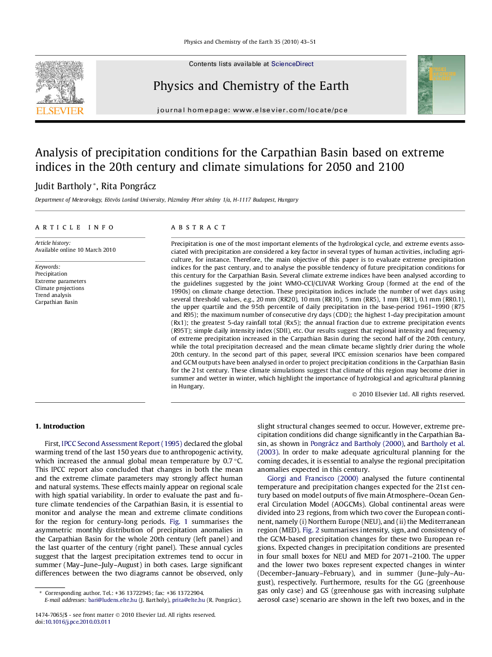 Analysis of precipitation conditions for the Carpathian Basin based on extreme indices in the 20th century and climate simulations for 2050 and 2100