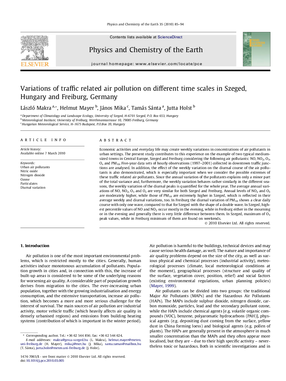 Variations of traffic related air pollution on different time scales in Szeged, Hungary and Freiburg, Germany