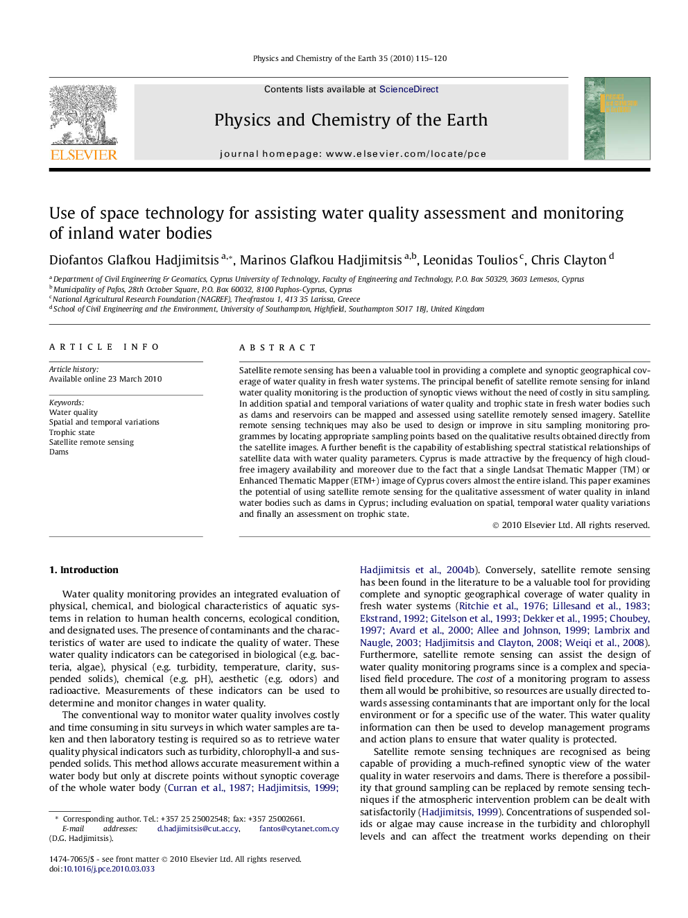 Use of space technology for assisting water quality assessment and monitoring of inland water bodies