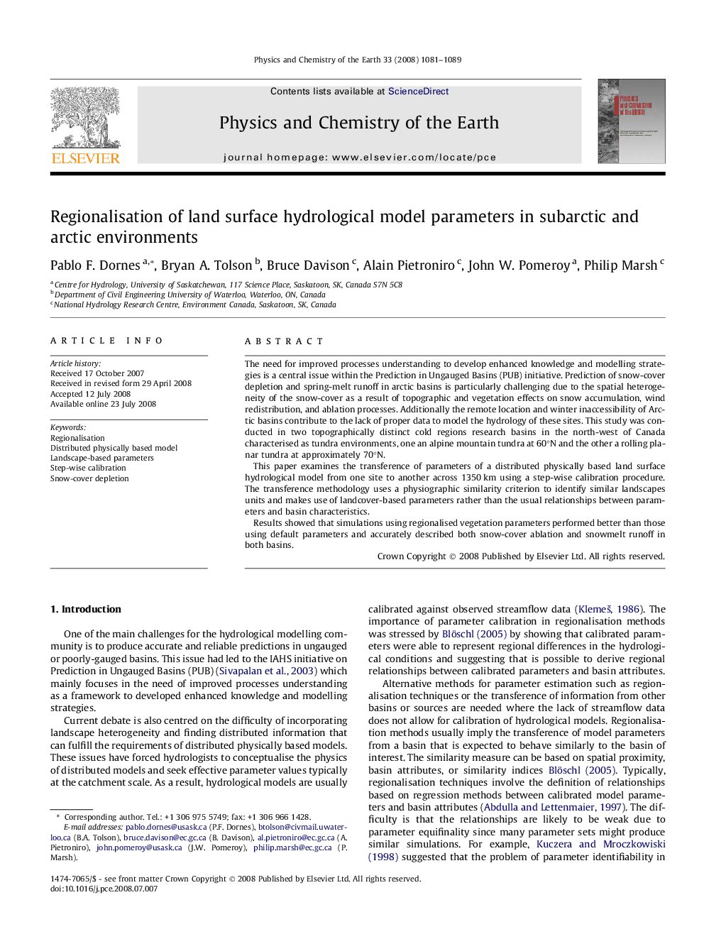 Regionalisation of land surface hydrological model parameters in subarctic and arctic environments