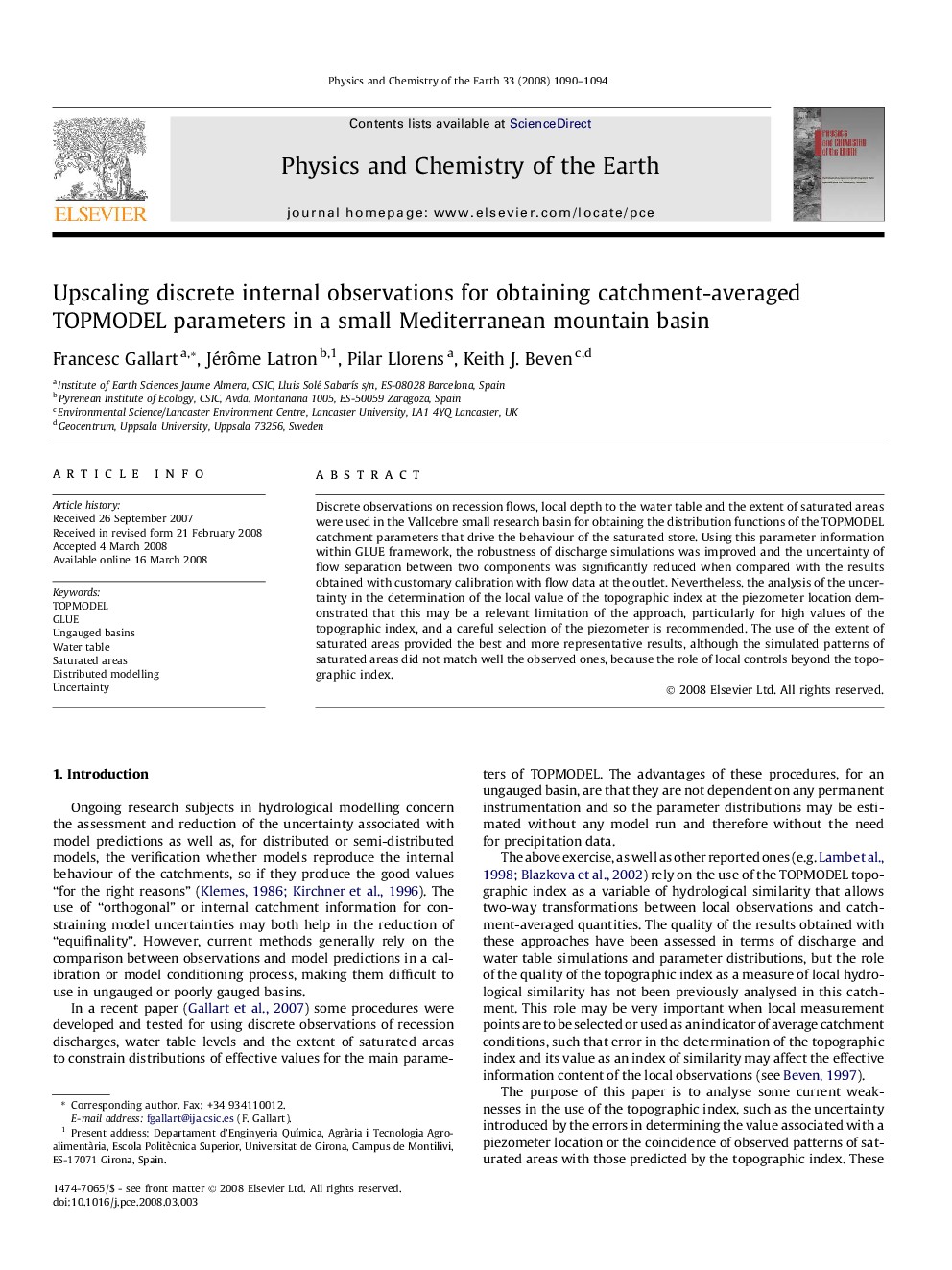 Upscaling discrete internal observations for obtaining catchment-averaged TOPMODEL parameters in a small Mediterranean mountain basin