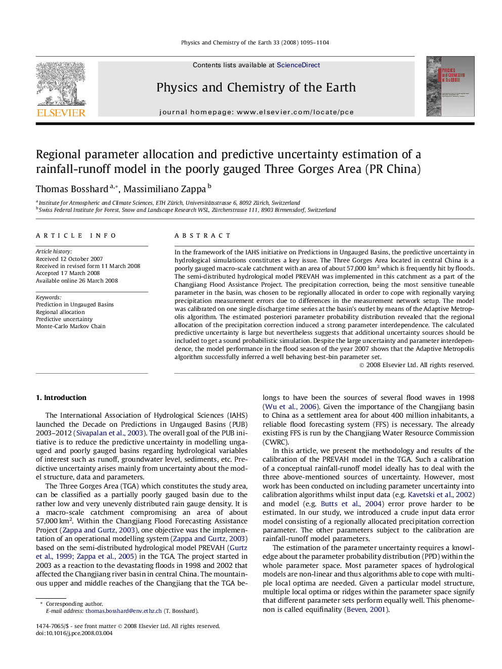 Regional parameter allocation and predictive uncertainty estimation of a rainfall-runoff model in the poorly gauged Three Gorges Area (PR China)