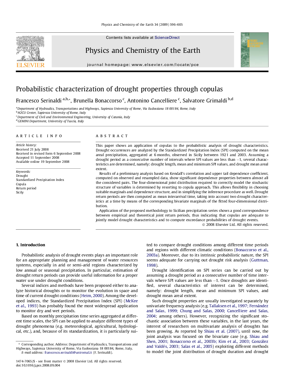 Probabilistic characterization of drought properties through copulas