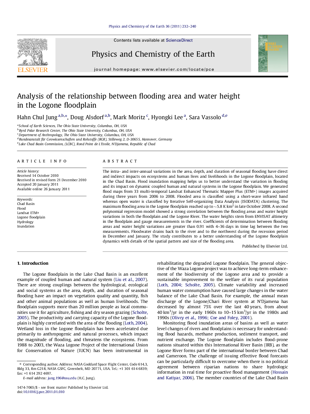 Analysis of the relationship between flooding area and water height in the Logone floodplain