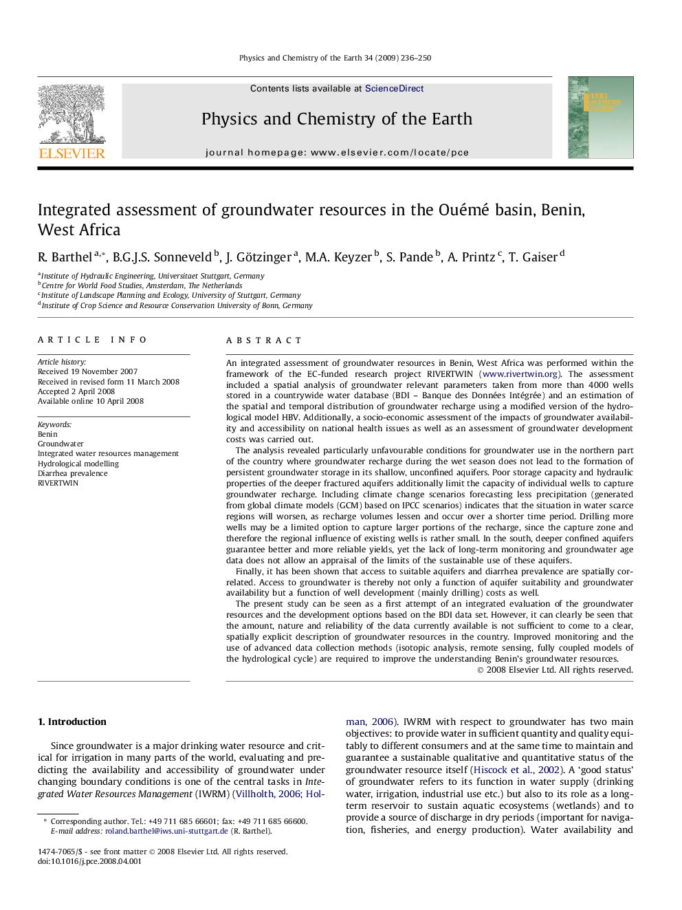 Integrated assessment of groundwater resources in the Ouémé basin, Benin, West Africa