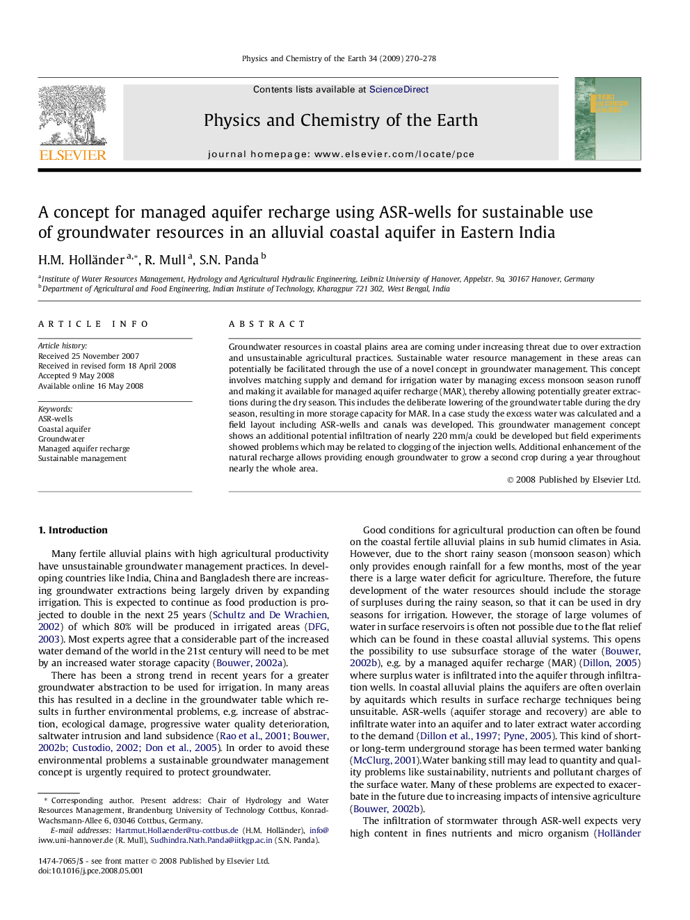 A concept for managed aquifer recharge using ASR-wells for sustainable use of groundwater resources in an alluvial coastal aquifer in Eastern India