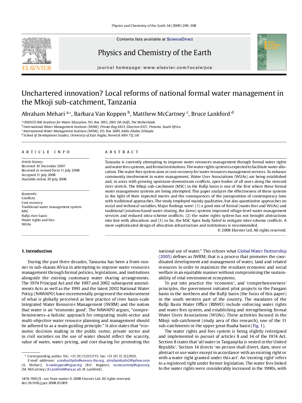 Unchartered innovation? Local reforms of national formal water management in the Mkoji sub-catchment, Tanzania