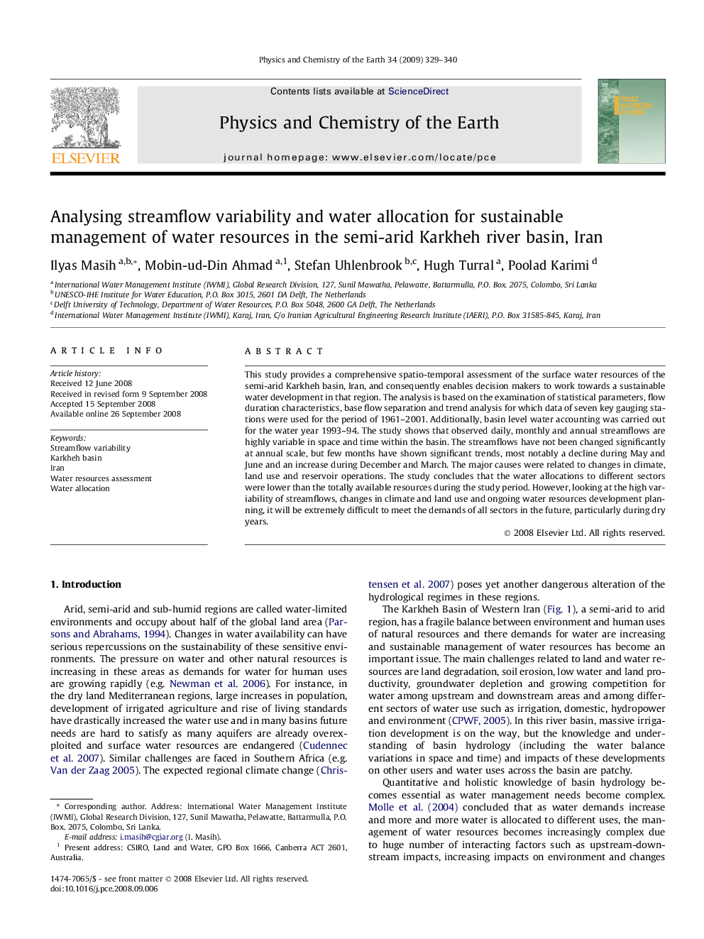 Analysing streamflow variability and water allocation for sustainable management of water resources in the semi-arid Karkheh river basin, Iran