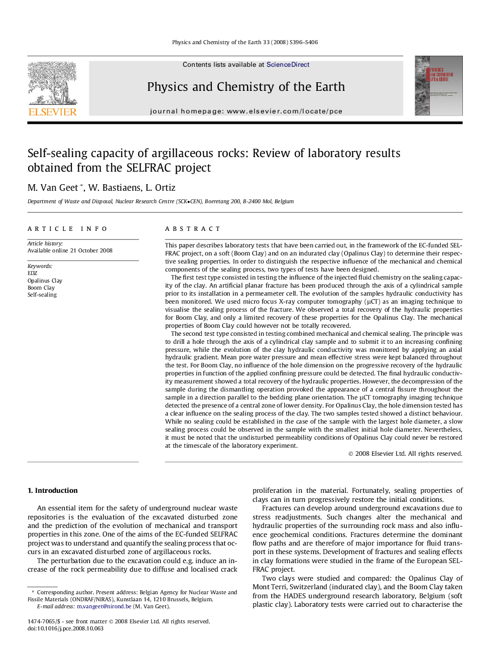 عکس صفحه اول مقاله: Self-sealing capacity of argillaceous rocks: Review of laboratory results obtained from the SELFRAC project Self-sealing capacity of argillaceous rocks: Review of laboratory results obtained from the SELFRAC project