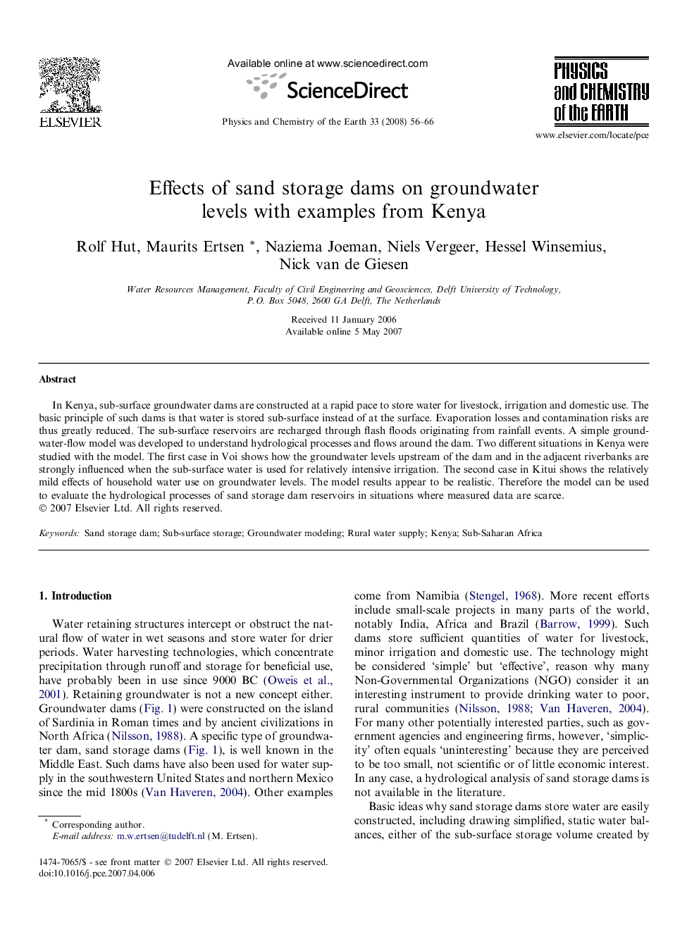 عکس صفحه اول مقاله: Effects of sand storage dams on groundwater levels with examples from Kenya Effects of sand storage dams on groundwater levels with examples from Kenya