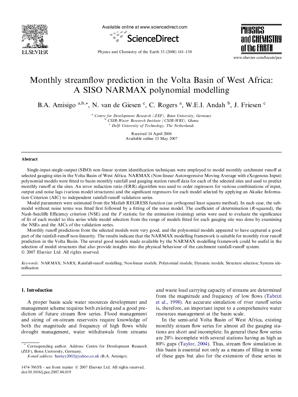 Monthly streamflow prediction in the Volta Basin of West Africa: A SISO NARMAX polynomial modelling